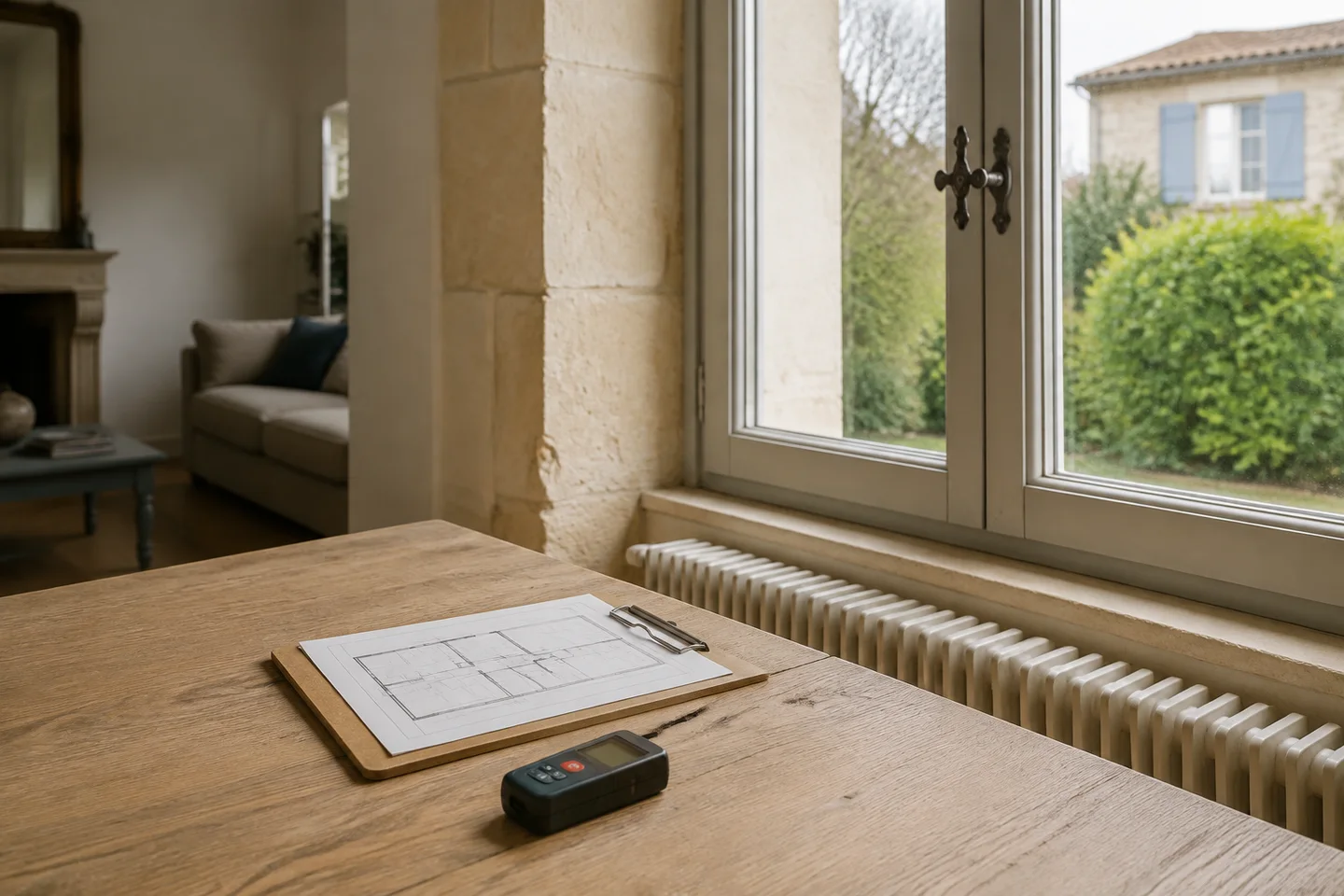 Illustration photographique d’un plan de logement et d’un télémètre près d’une fenêtre