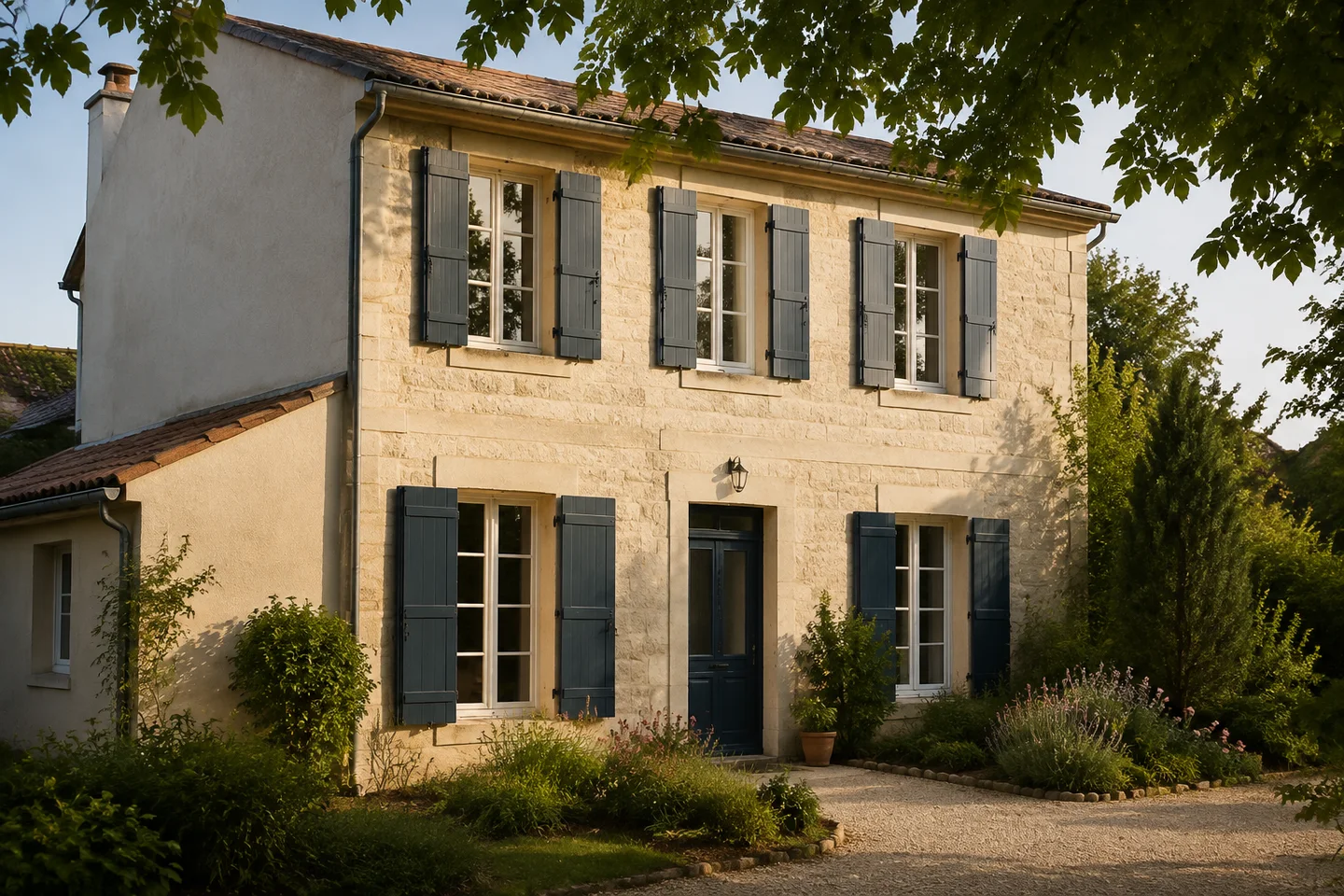 Illustration d’une maison en pierre aux volets bleus, dans la lumière de fin de journée