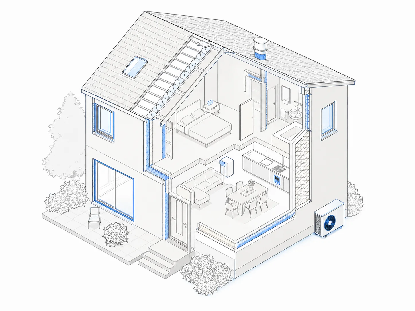 Coupe technique interactive d’une maison montrant les principaux pôles de rénovation énergétique