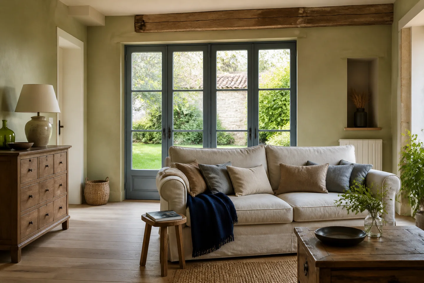 Illustration photographique d’un salon chaleureux ouvrant sur un jardin dans une maison en pierre